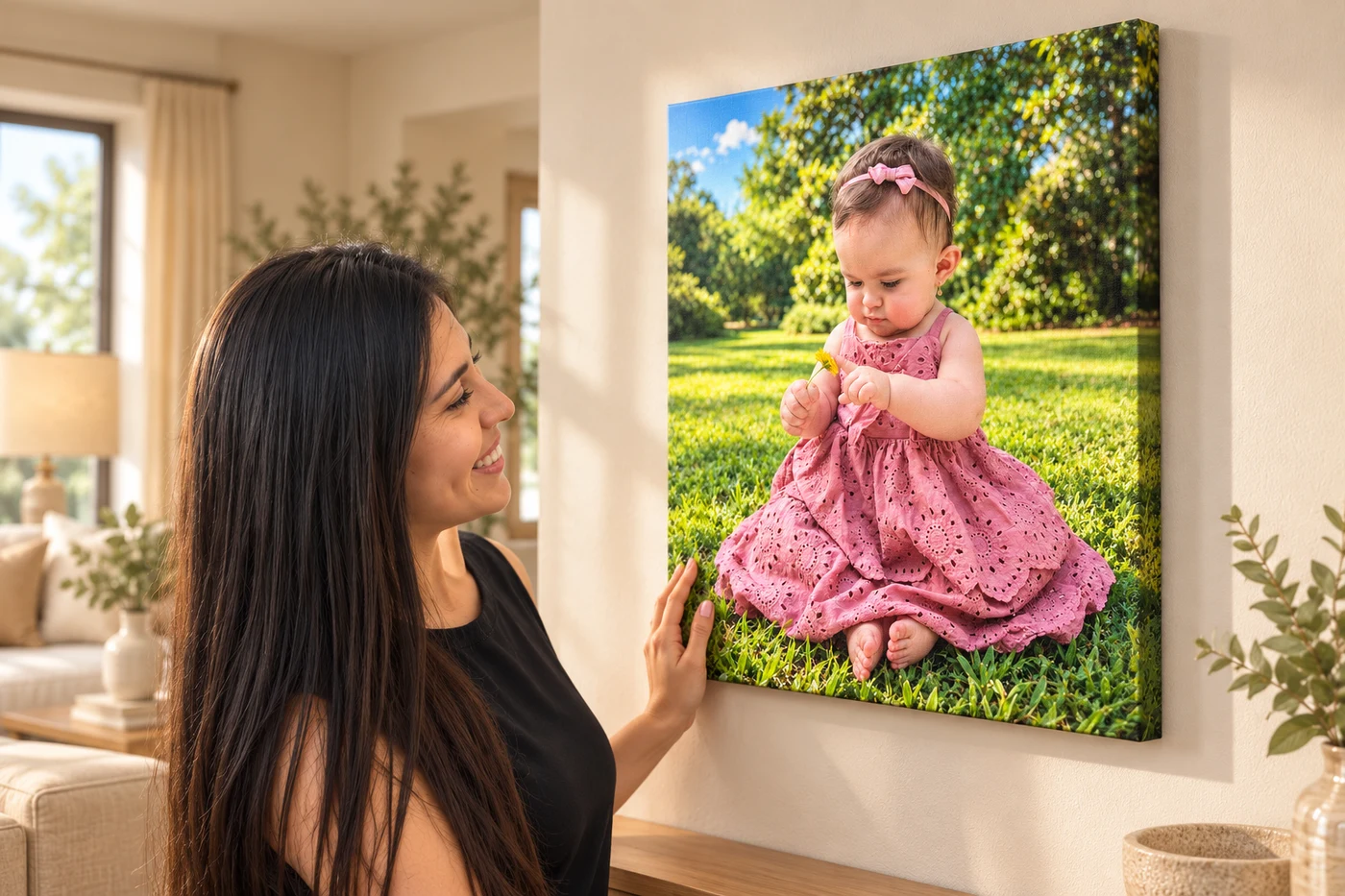 Escena ilustrativa de una mamá emocionada mirando el canvas con la fotografía de su bebé; el ángulo muestra el borde y grosor
