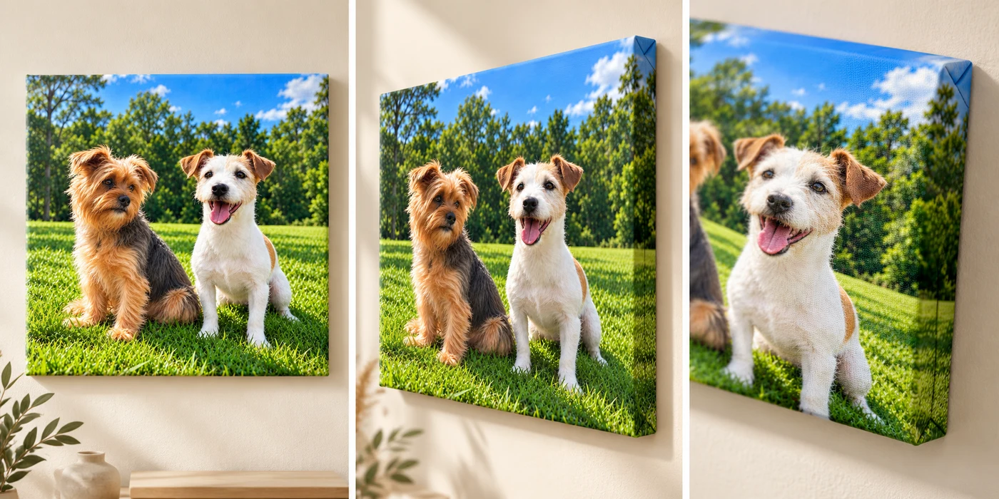 Ejemplo ilustrativo de canvas con dos perritos: vista frontal, vista en ángulo y detalle del borde envuelto